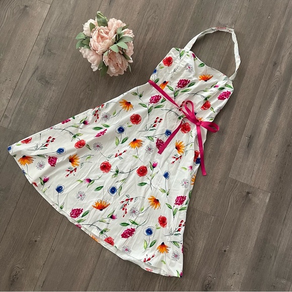 Vintage Wildflower Florals White Pink Ribbon Belt Midi Halter Dress - Picture 1 of 4